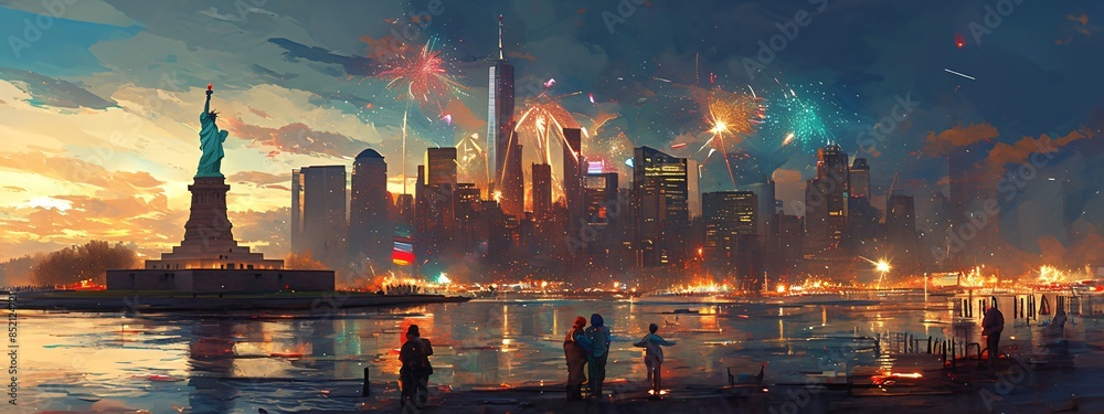 Fototapeta premium American symbol Statue of Liberty on the background of flag usa and fireworks. Democracy and freedom. 4th of July, Memorial, Labour, Independence Day. Patriotic background for greeting card, banner