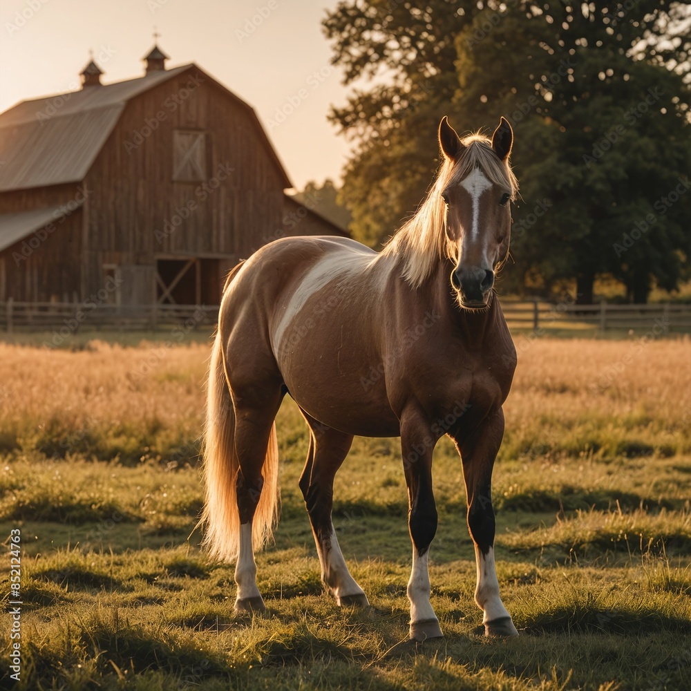 Obraz premium Majestic Horse in Rustic Field at Golden Hour