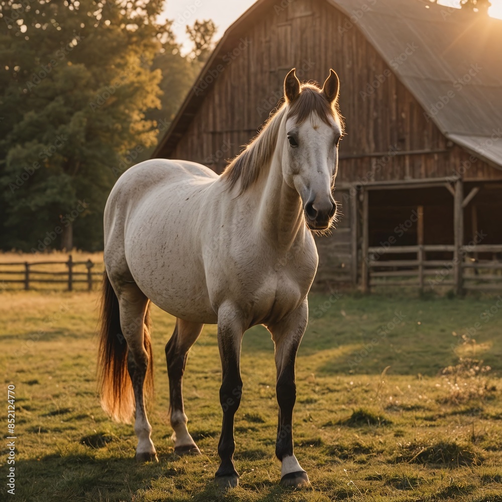 Obraz premium Majestic Horse in Rustic Field at Golden Hour