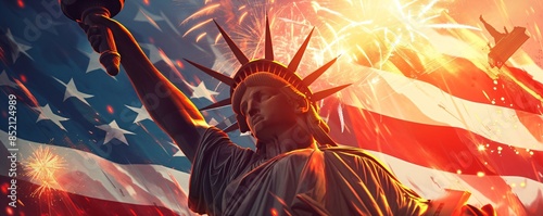 American symbol Statue of Liberty on the background of flag usa and fireworks. Democracy and freedom. 4th of July, Memorial, Labour, Independence Day. Patriotic background for greeting card, banner