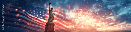 American symbol Statue of Liberty on the background of flag usa and fireworks. Democracy and freedom. 4th of July, Memorial, Labour, Independence Day. Patriotic background for greeting card, banner photo