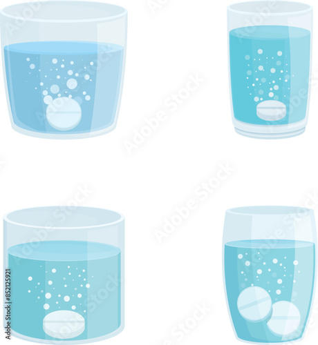 Vector set depicting a tablet dissolving in water glasses, showing different stages