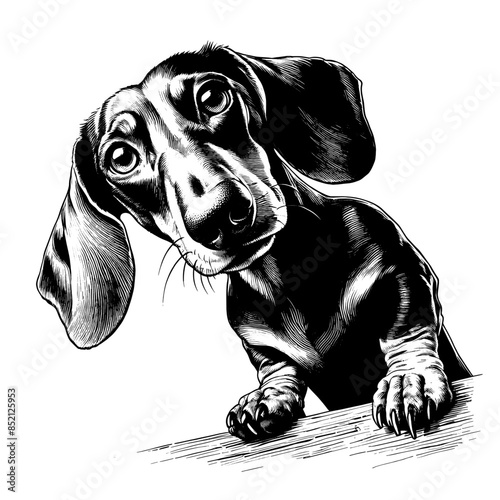 Hand drawn cute peeking dachshund, vector sketch isolated on transparent background.	