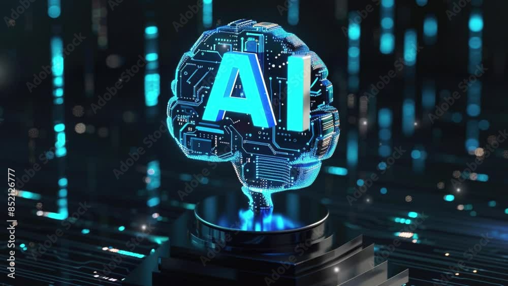 Brain futuristic. Blue glowing brain with an AI chip on a black ...