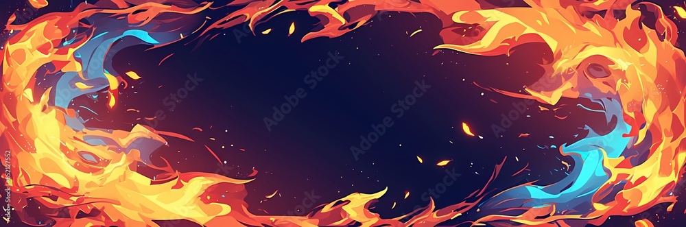 Fototapeta premium Fire cartoon frame on dark background. Burning flame in darkness with bright red and yellow heat. Energy power element, bright and blazing, glare and explosion. Design template with copy space