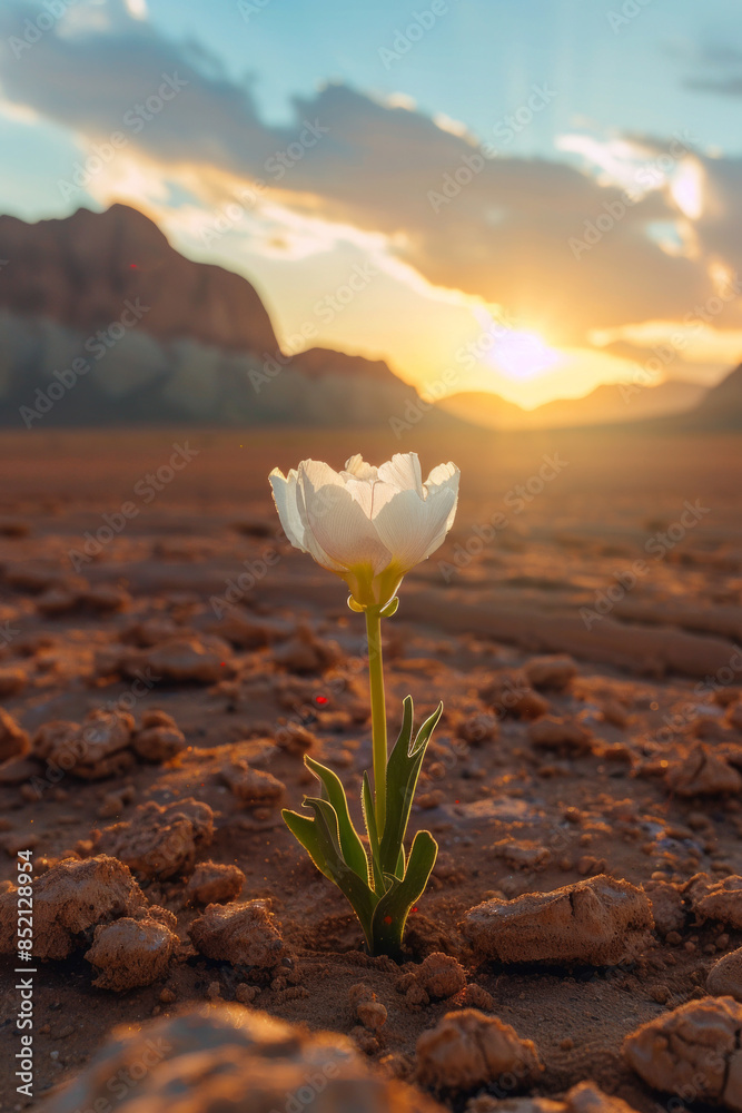 Obraz premium A flower opening in a desert at dawn, with a backdrop of distant mountains 