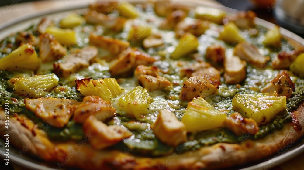 Chicken pineapple and green dough pizza Chicken pineapple and green dough pizza