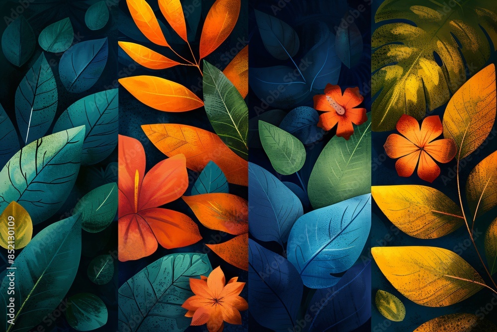 Set of posters with tropical jungle plants and exotic flowers. Modern graphic design. Botanical wall art. Trendy collection for design print, banner, cover, wallpaper