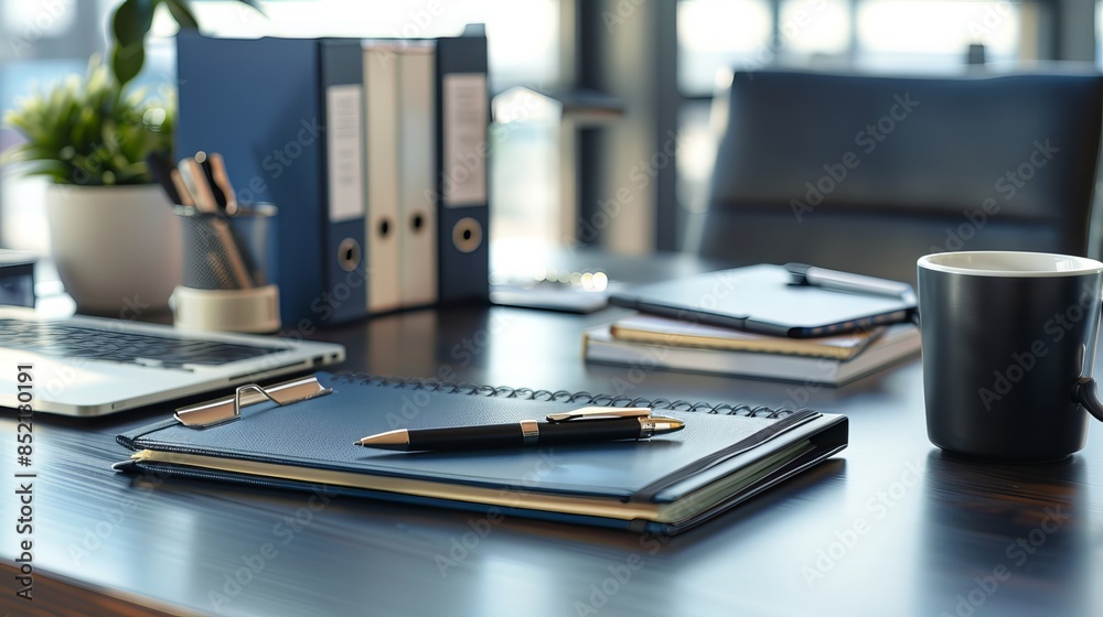 Workspace setup with an office table, notebook, pen, and paper. Workspace setup with an office table, notebook, pen, and paper.