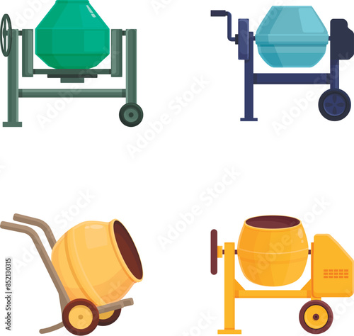 Collection of vector illustrations featuring different styles of cartoon concrete mixers