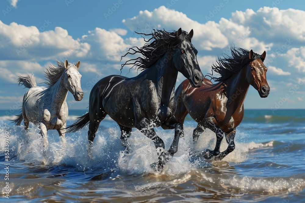 Majestic horses gallop through the water at sunset, their manes flowing in the wind. Majestic horses gallop through the water at sunset, their manes flowing in the wind.