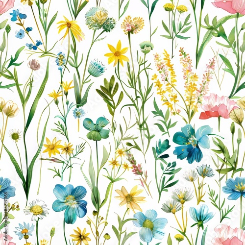 Watercolor seamless floral pattern with gentle spring flowers. Stock illustration.
