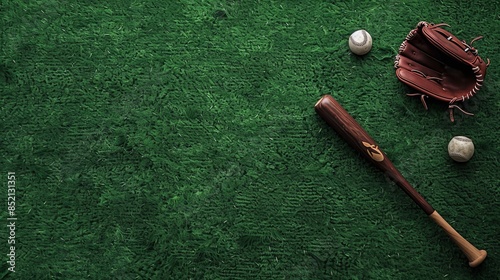 A baseball bat, glove, and ball placed on a green grass field, creating a sports-themed background with ample copy space for text and advertisements