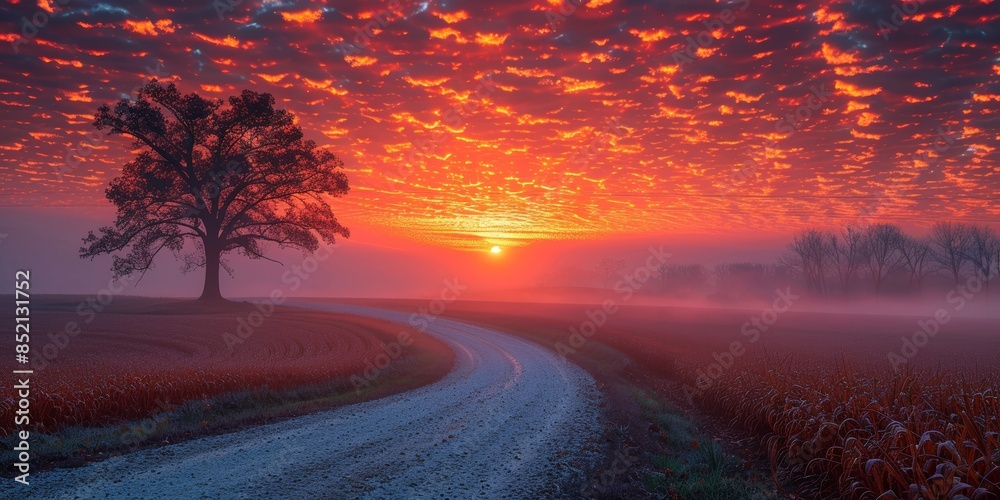 A lone tree in a field of flowers during a breathtaking sunset, radiating golden light A lone tree in a field of flowers during a breathtaking sunset, radiating golden light