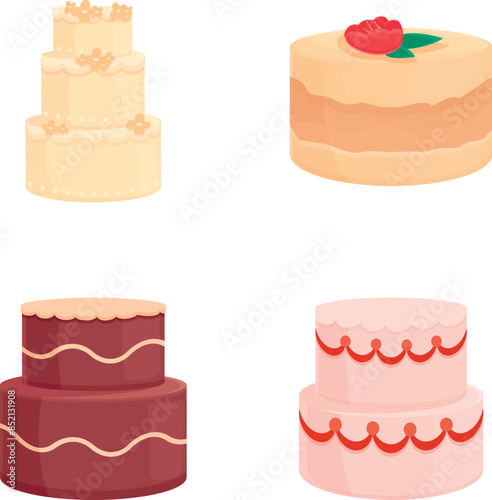 Collection of four illustrated cartoonstyle wedding cakes in various flavors and designs