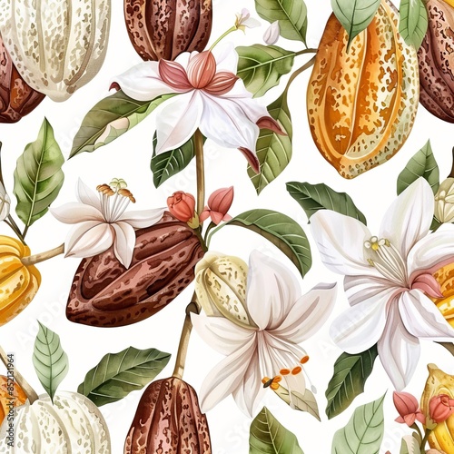 Modern seamless tropical pattern with watercolor cocoa fruits. Stock illustration. photo