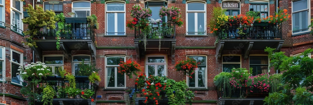 a Dutch apartment building with lush balconies in Amsterdam, a Dutch apartment building with lush balconies in Amsterdam,