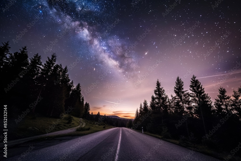Fototapeta premium A dirt road under a vivid night sky filled with stars and the Milky Way, stretching into the distance