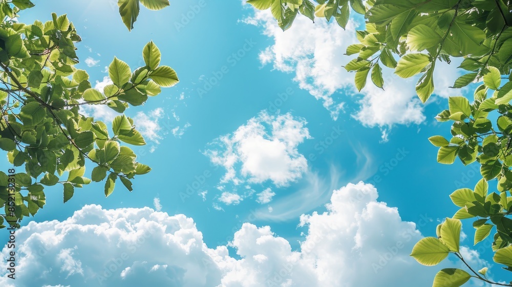 Capturing the breathtaking beauty of fluffy clouds against a backdrop of a clear blue sky intertwined with the lush branches of green leaves this nature photograph embodies the essence of a Capturing the breathtaking beauty of fluffy clouds against a backdrop of a clear blue sky intertwined with the lush branches of green leaves this nature photograph embodies the essence of a