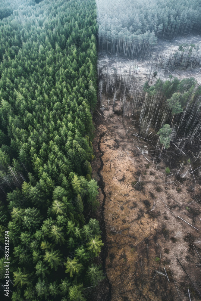 Fototapeta premium A dense, healthy forest on one side and a clear-cut barren land on the other.