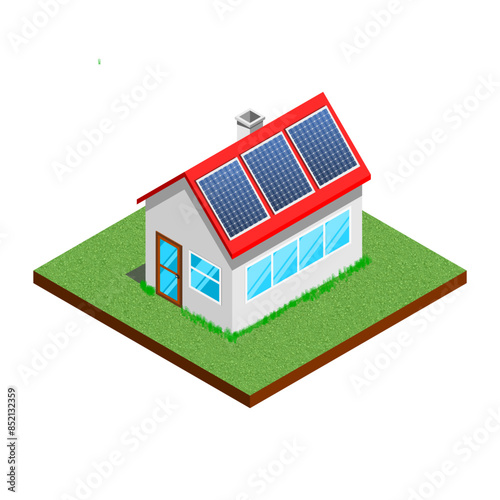 Isometric vector illustration of a modern house with a red roof and solar panels. Solar energy efficiency. Green energy, eco-home. Sustainable architecture.