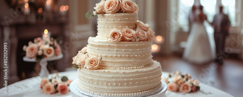 A beautiful three-tiered wedding cake with beige and pink flowers, placed on an elegant table in front of the blurred background of guests dancing at a festive reception event or party. 