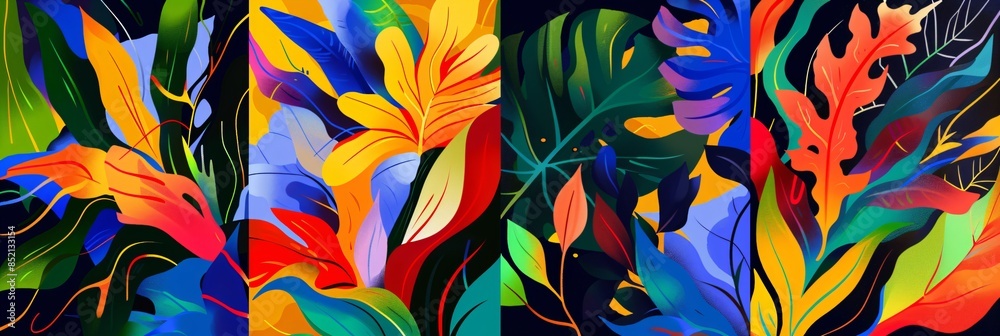 Set of posters with tropical jungle plants and exotic flowers. Modern graphic design. Botanical wall art. Trendy collection for design print, banner, cover, wallpaper Set of posters with tropical jungle plants and exotic flowers. Modern graphic design. Botanical wall art. Trendy collection for design print, banner, cover, wallpaper