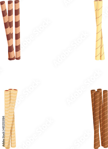 Set of four different wafer sticks with chocolate and vanilla flavors isolated on a white background