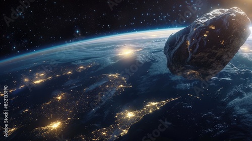 An asteroid posing a potential threat is hurtling towards Earth from the shadowed side The gleaming lights of cities in North America Central America and South America illuminate the night  photo