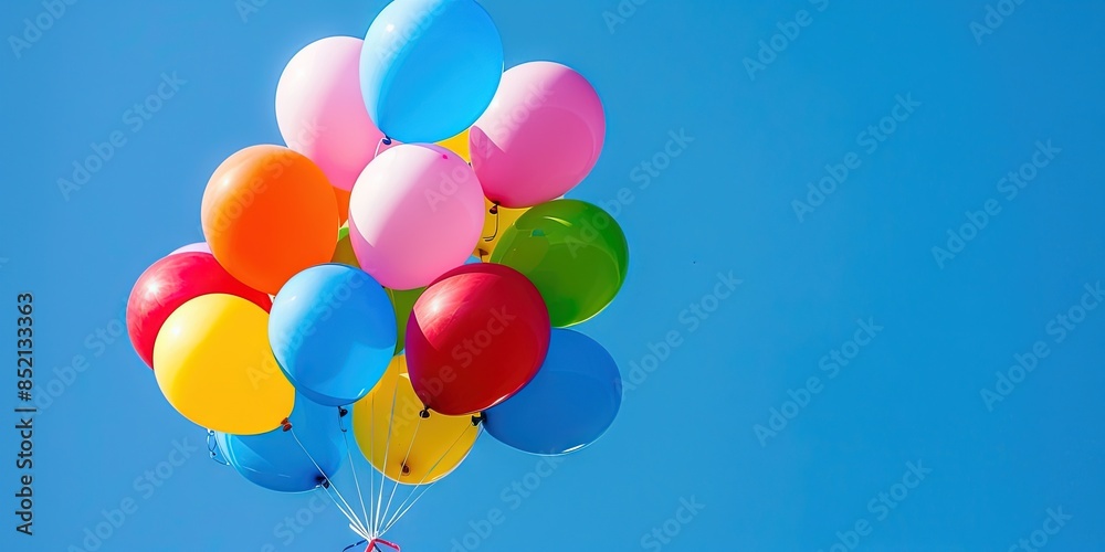 bunch of colorful balloons floating in the blue sky bunch of colorful balloons floating in the blue sky