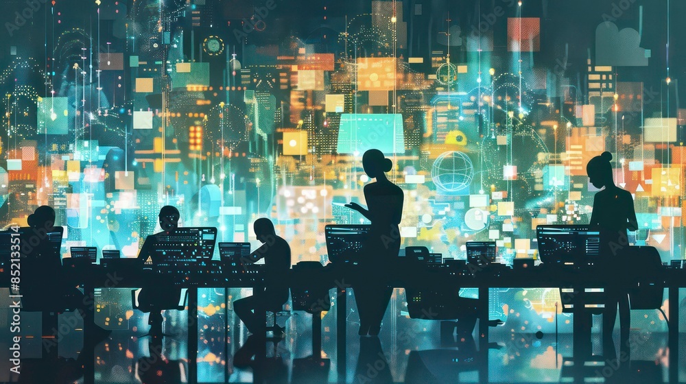 Flat silhouette of technical operations in ICT people, data engineers, visual metaverse developers, support person, artistic research projects, workers in digital world. Flat silhouette of technical operations in ICT people, data engineers, visual metaverse developers, support person, artistic research projects, workers in digital world.