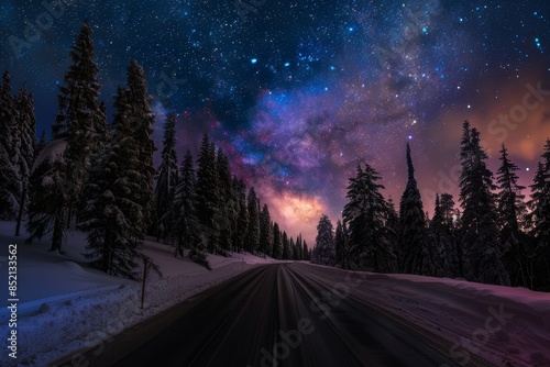 A starry night sky over a snow-covered forest road, featuring the Milky Way galaxy © megavectors