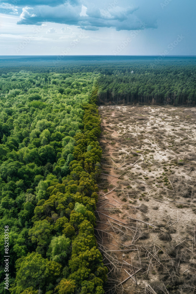Obraz premium A dense, healthy forest on one side and a clear-cut barren land on the other.
