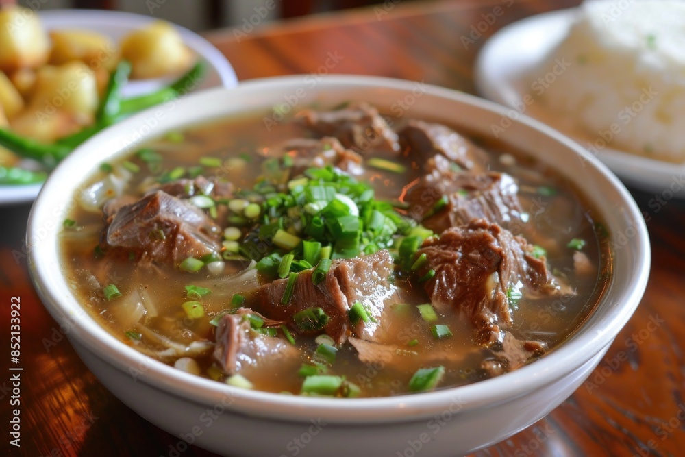 Bowl of soup with meat and vegetables , food background Bowl of soup with meat and vegetables , food background