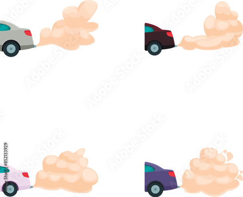 Collection of colorful cartoon cars kicking up large clouds of dust in motion