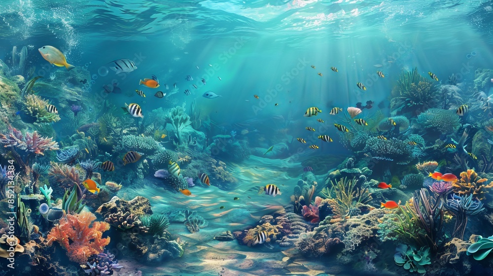 Naklejka premium An underwater scene in a tropical sea, showcasing fishes swimming around coral reefs. This marine panorama captures the vibrant wildlife of the oceanarium, ideal for snorkeling and diving enthusiasts.
