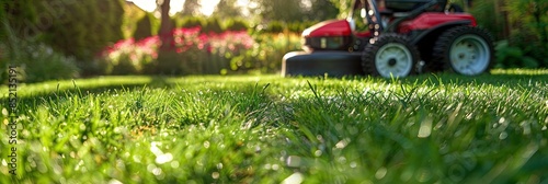 freshly mowed lawn with healthy green grass and red riding lawnmower  photo