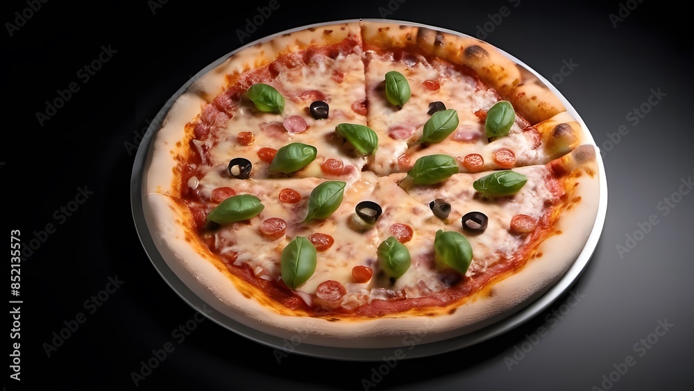 A whole pizza isolated in black background A whole pizza isolated in black background