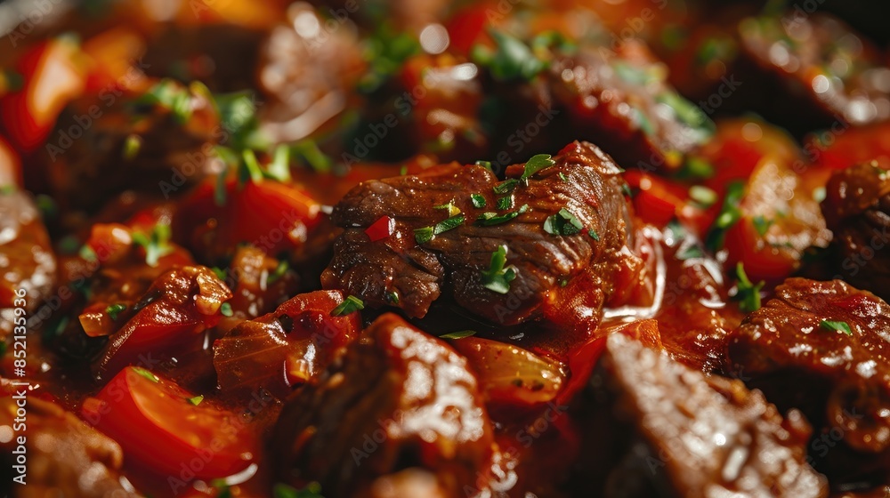 Close up of beef goulash with red pepper Close up of beef goulash with red pepper