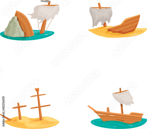 Colorful collection of cartoon shipwrecks with different nautical themes, featuring isolated vector illustrations of sunken, abandoned, and capsized vessels in maritime disasters