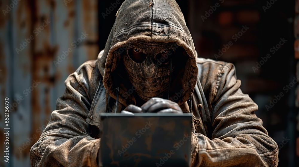 A person wearing a dark hooded jacket sits in a dimly lit urban setting, using a laptop A person wearing a dark hooded jacket sits in a dimly lit urban setting, using a laptop