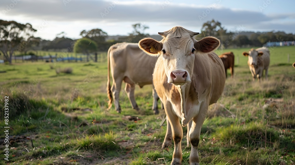 Fototapeta premium Dairy Cows in a field on a farm in Australia Beautiful cow close up on agriculture farming : Generative AI