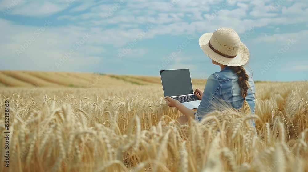 Female farmer working with laptop on wheat field Smart farming and digital agriculture : Generative AI Female farmer working with laptop on wheat field Smart farming and digital agriculture : Generative AI