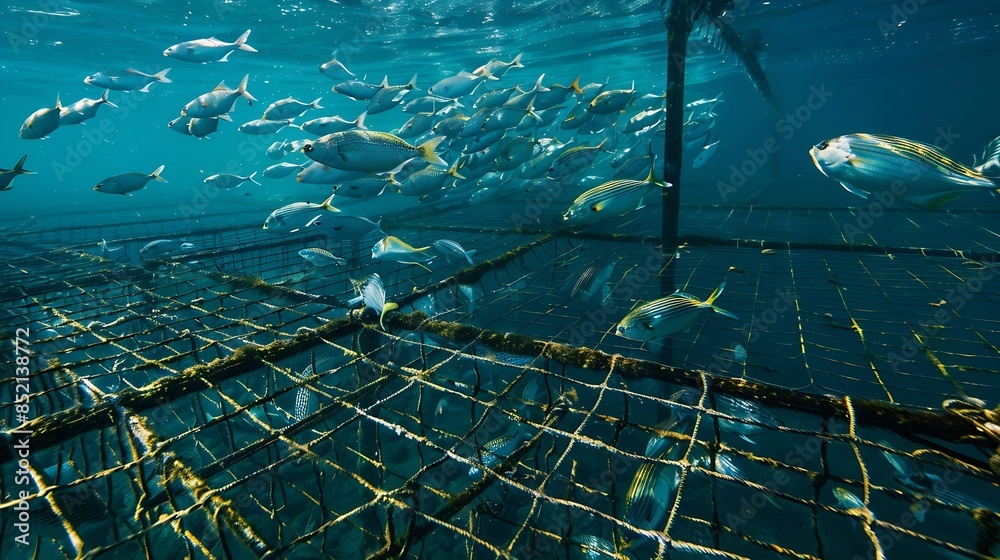 Fototapeta premium Sea fish farm Cages for fish farming dorado and seabass The workers feed the fish a forage : Generative AI