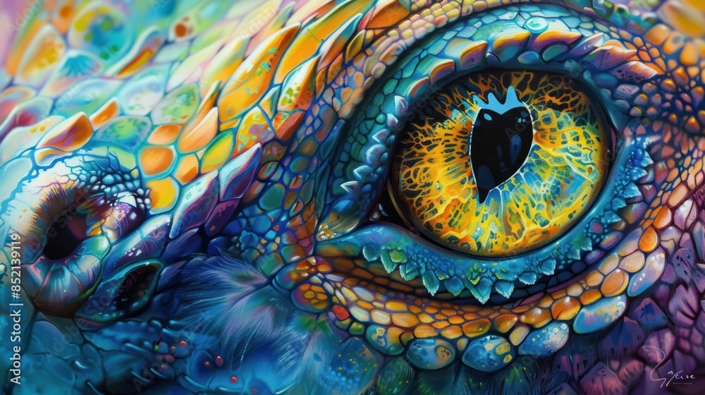 Obraz premium Bright Dragon Eyes, Close-Up Shot with Detailed Colors and Textures.