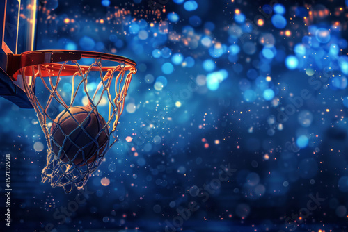 Basketball background. the basketball ball flies into the basket on a beautiful neibeiksim background
