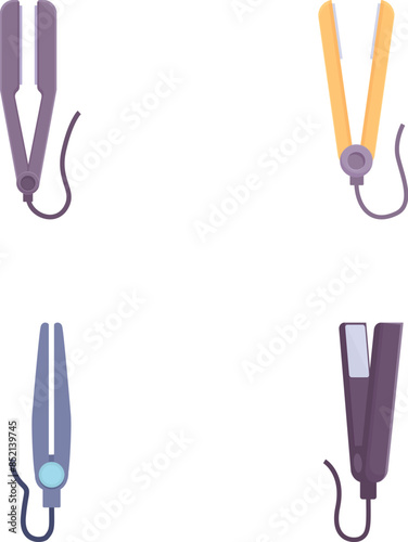 Four isolated cartoon images of hair styling tools including straighteners and curlers