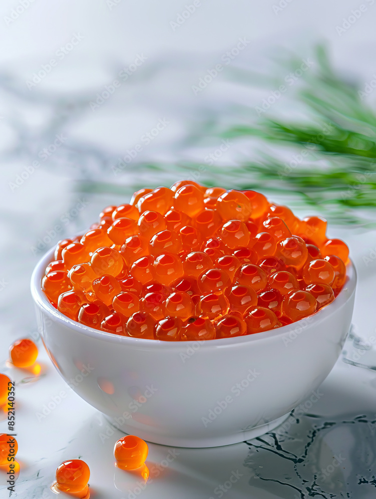 Red salmon caviar in a white bowl on a marble background close up vertical
Red salmon caviar in a white bowl on a marble background close up vertical