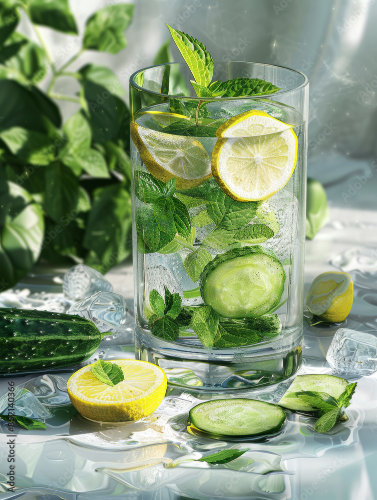 Fototapeta premium Refreshing lemon water with mint and cucumber in a transparent jug with ice cubes and ingredients next to it, close up vertical 