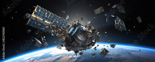 Space Debris Surrounding a Satellite in Earths Orbit photo